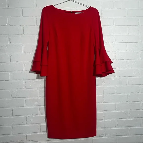 Calvin Klein Ruffled Bell Sleeve Sheath Dress Round Neck Formal Career Like New - Picture 2 of 16
